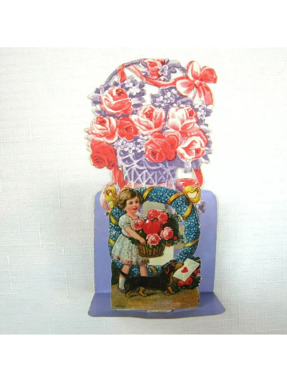 Vintage Valentine 3D Pop Up Pull Down Die Cut Girl Flowers Wiener Dog Germany